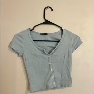 Brandy meville cropped button up ribbed tshirt light blue color